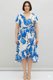 Women Blue Floral Wrap Midi Dress with Belt