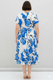 Women Blue Floral Wrap Midi Dress with Belt