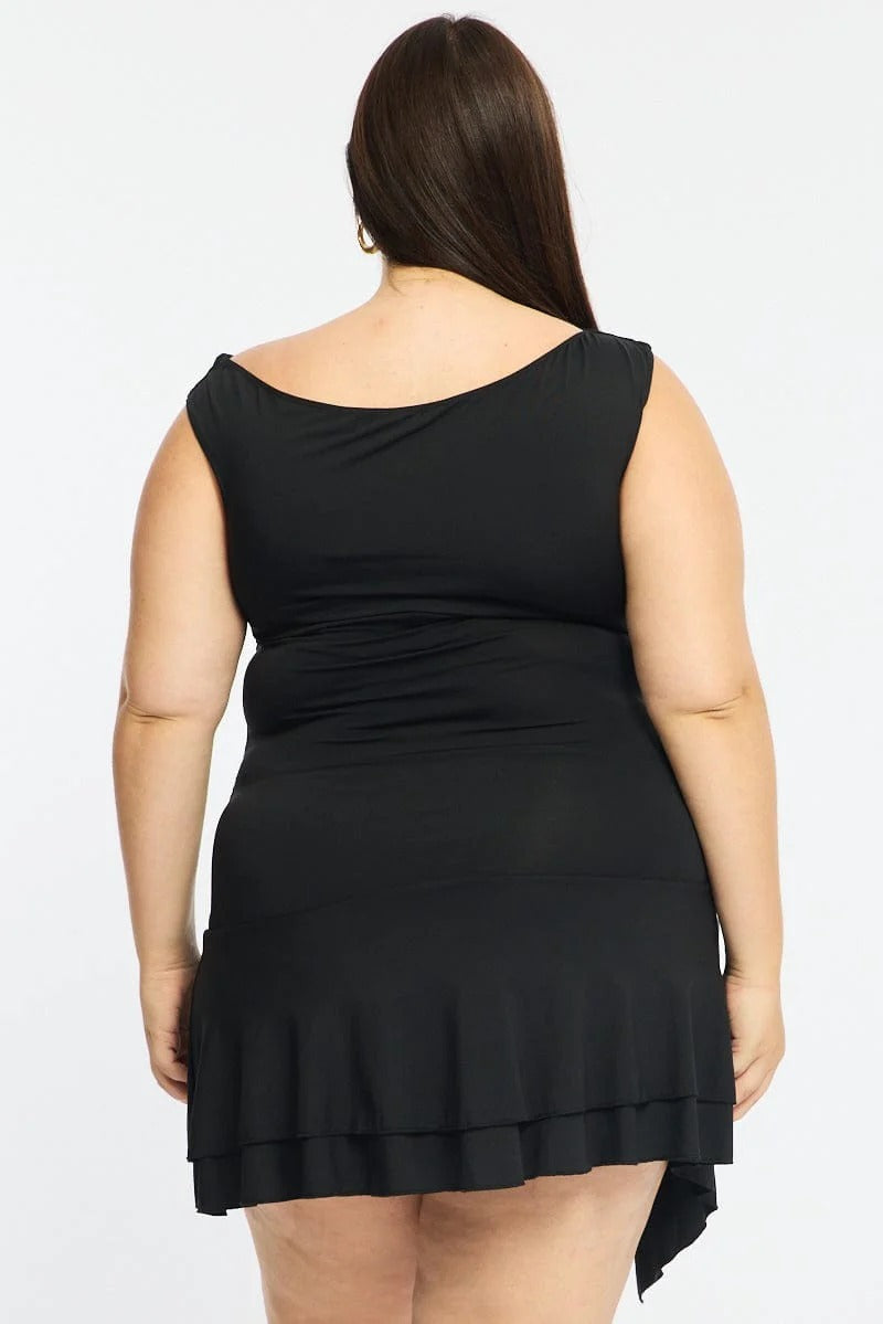 Women Black Bodycon Ruched Asymmetrical Mini Dress