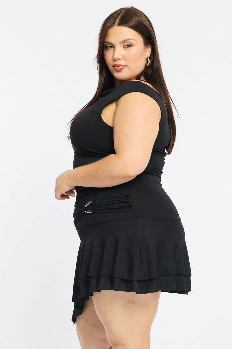 Women Black Bodycon Ruched Asymmetrical Mini Dress
