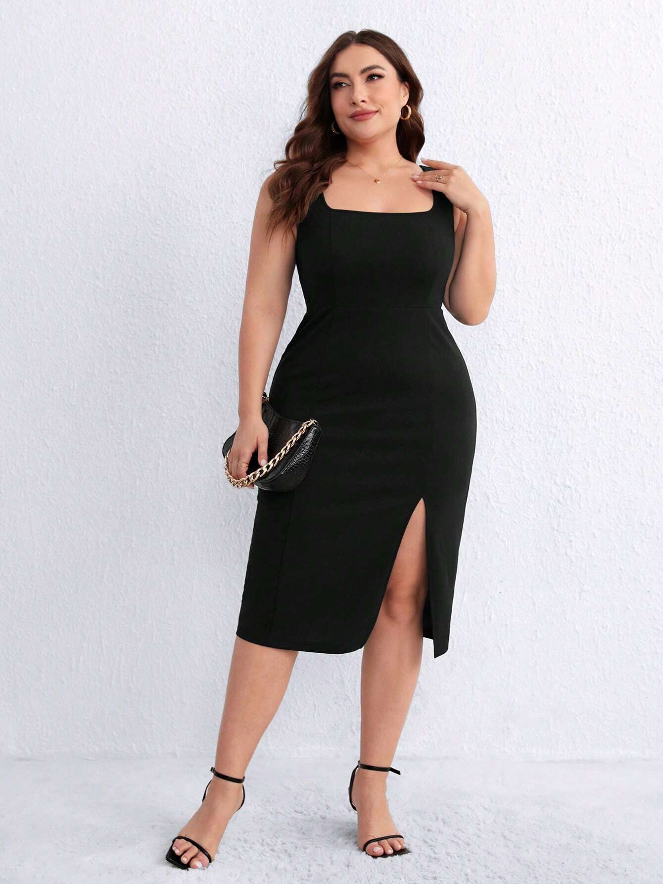 Elegant Square-Neck Black Midi Dress with Side Slit