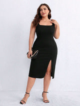 Elegant Square-Neck Black Midi Dress with Side Slit