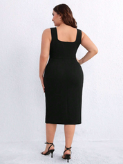 Elegant Square-Neck Black Midi Dress with Side Slit