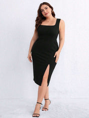 Elegant Square-Neck Black Midi Dress with Side Slit