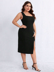 Elegant Square-Neck Black Midi Dress with Side Slit