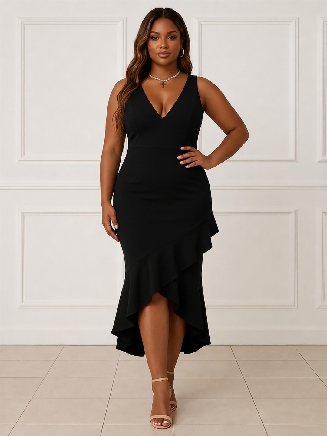 Women's Elegant Black V-Neck Ruffle Hem Midi Dress