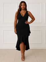 Women's Elegant Black V-Neck Ruffle Hem Midi Dress