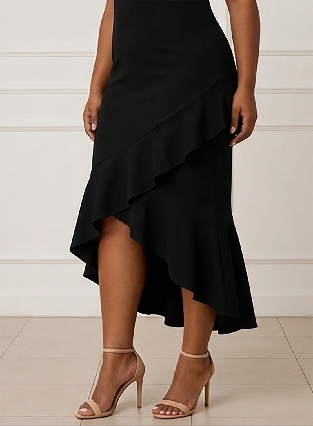 Women's Elegant Black V-Neck Ruffle Hem Midi Dress