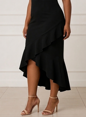 Women's Elegant Black V-Neck Ruffle Hem Midi Dress
