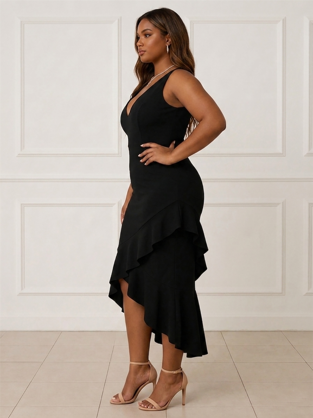 Women's Elegant Black V-Neck Ruffle Hem Midi Dress