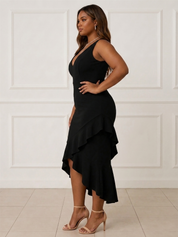 Women's Elegant Black V-Neck Ruffle Hem Midi Dress