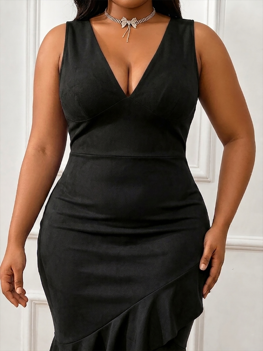 Women's Elegant Black V-Neck Ruffle Hem Midi Dress