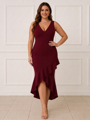 Elegant Maroon Ruffle Hem Midi Cocktail Dress