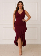 Elegant Maroon Ruffle Hem Midi Cocktail Dress