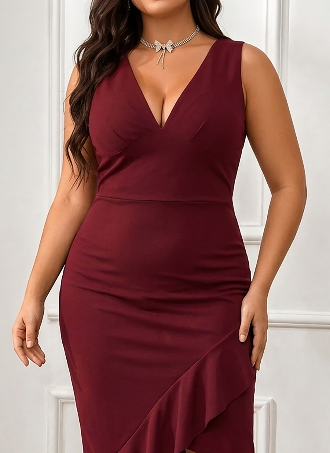 Elegant Maroon Ruffle Hem Midi Cocktail Dress