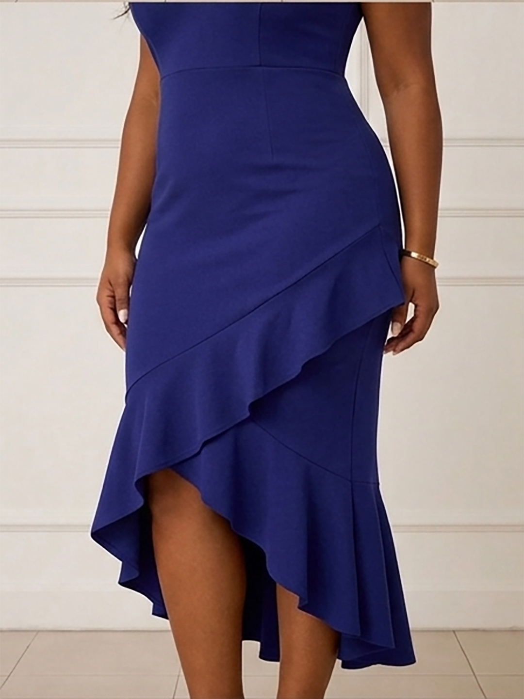 Elegant Blue Ruffle Hem Midi Cocktail Dress