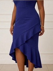 Elegant Blue Ruffle Hem Midi Cocktail Dress