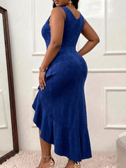 Elegant Blue Ruffle Hem Midi Cocktail Dress