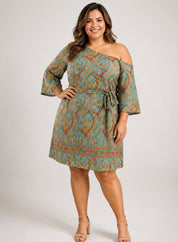 Plus Size One Shoulder Paisley Print Tie Waist Dress