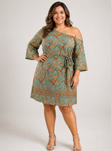 Plus Size One Shoulder Paisley Print Tie Waist Dress