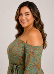 Plus Size One Shoulder Paisley Print Tie Waist Dress