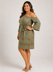 Plus Size One Shoulder Paisley Print Tie Waist Dress