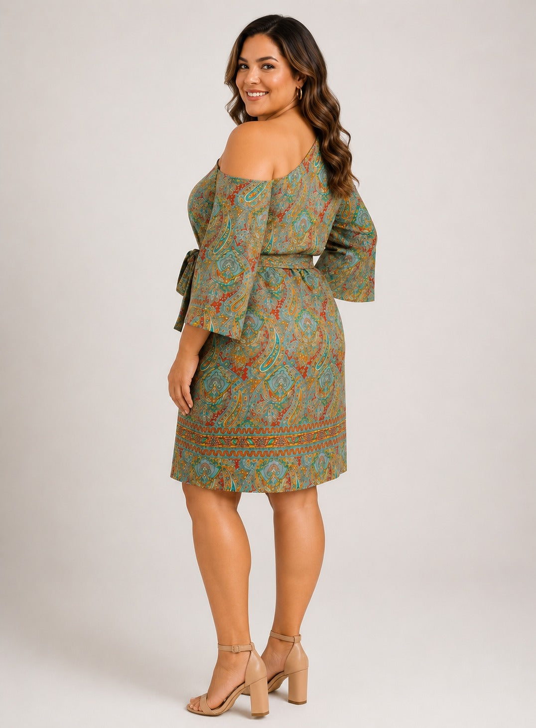 Plus Size One Shoulder Paisley Print Tie Waist Dress