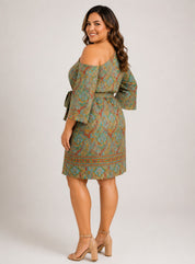 Plus Size One Shoulder Paisley Print Tie Waist Dress