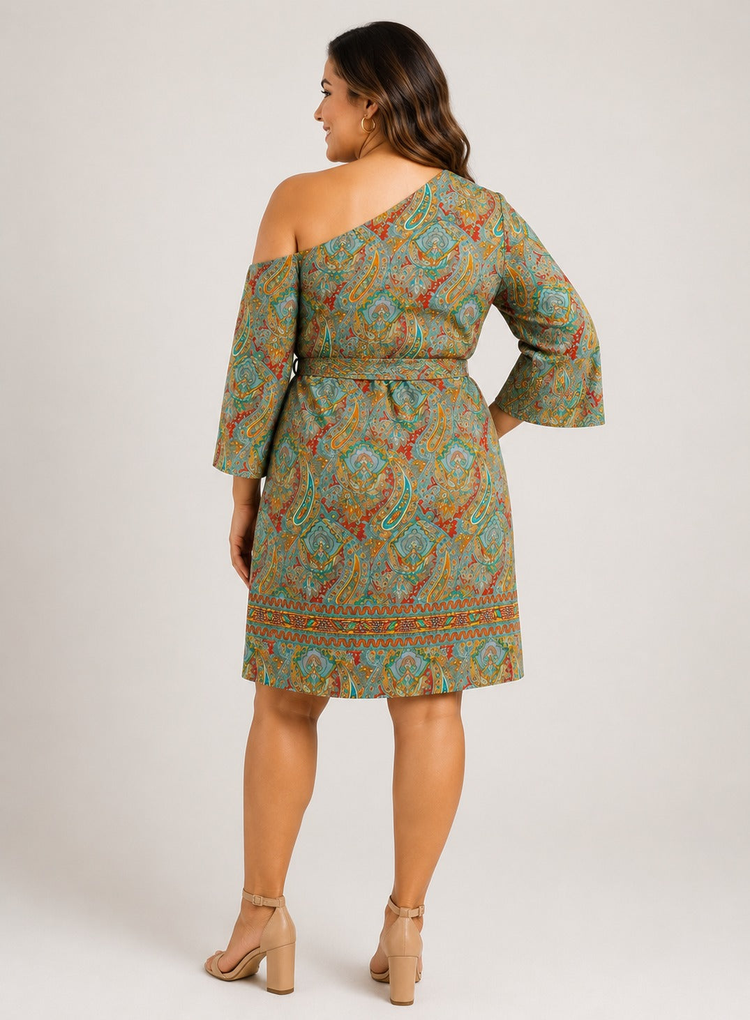 Plus Size One Shoulder Paisley Print Tie Waist Dress
