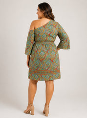 Plus Size One Shoulder Paisley Print Tie Waist Dress