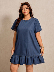 Plus Size Denim Ruffle Hem Mini Dress Women