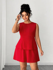 Kotty Women’s Red Sleeveless Peplum Top and Shorts Set