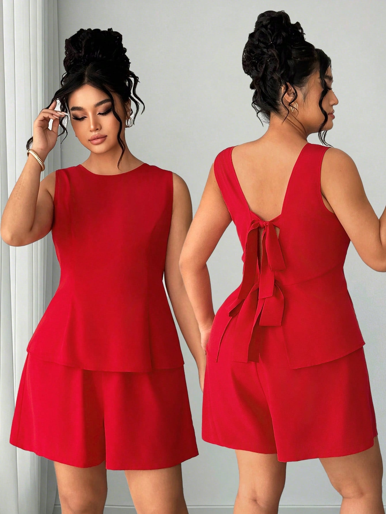 Kotty Women’s Red Sleeveless Peplum Top and Shorts Set