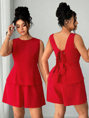 Kotty Women’s Red Sleeveless Peplum Top and Shorts Set