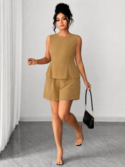 Kotty Honey Brown Sleeveless Peplum Set