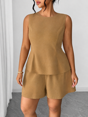 Kotty Honey Brown Sleeveless Peplum Set