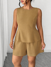 Kotty Honey Brown Sleeveless Peplum Set