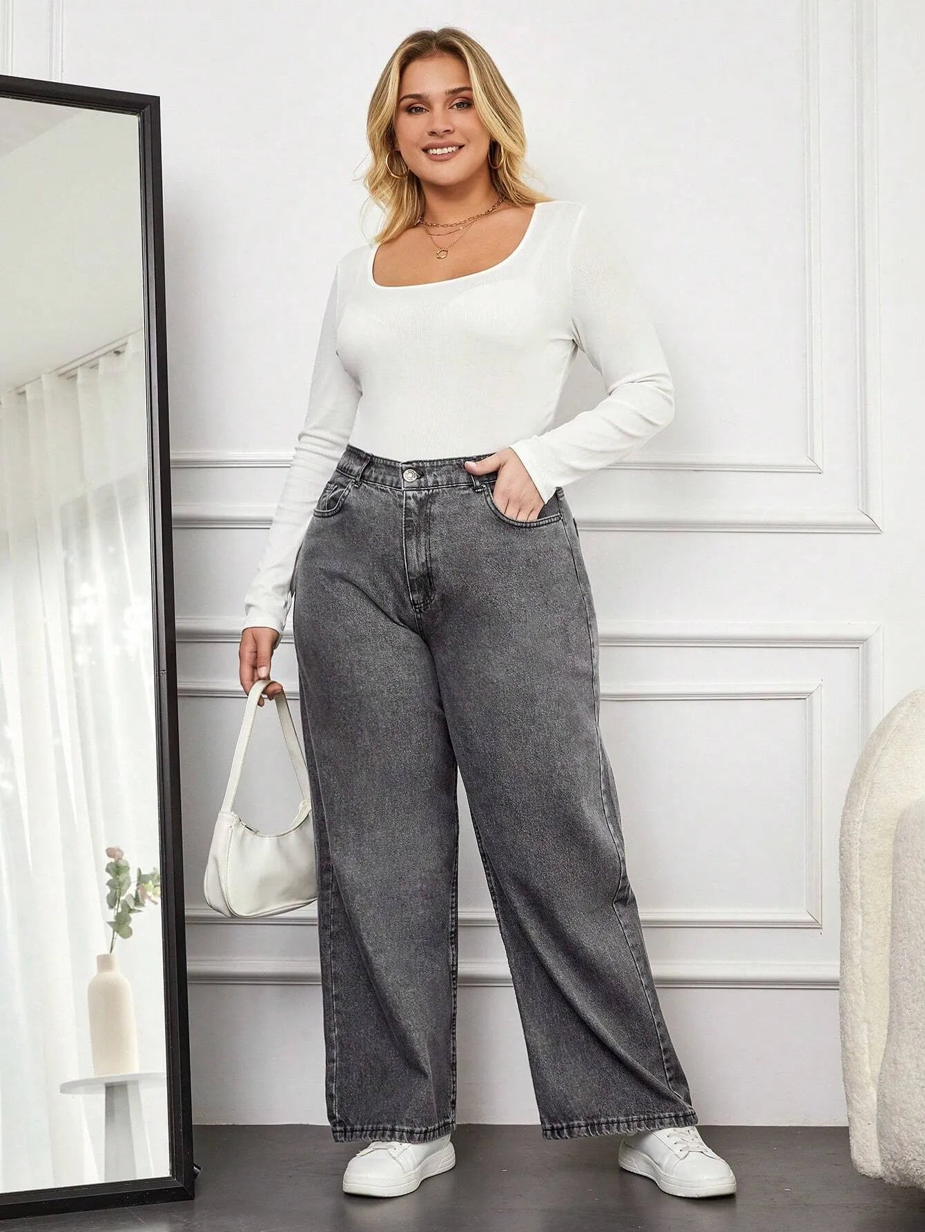 High-Waist Washed Grey Wide-Leg Denim Jeans