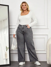 High-Waist Washed Grey Wide-Leg Denim Jeans