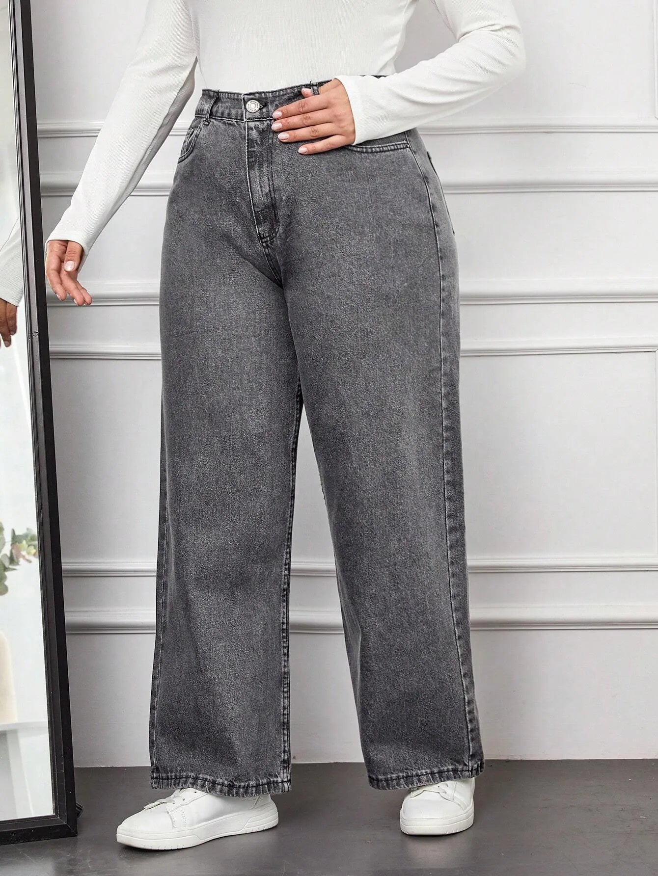 High-Waist Washed Grey Wide-Leg Denim Jeans