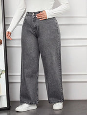 High-Waist Washed Grey Wide-Leg Denim Jeans