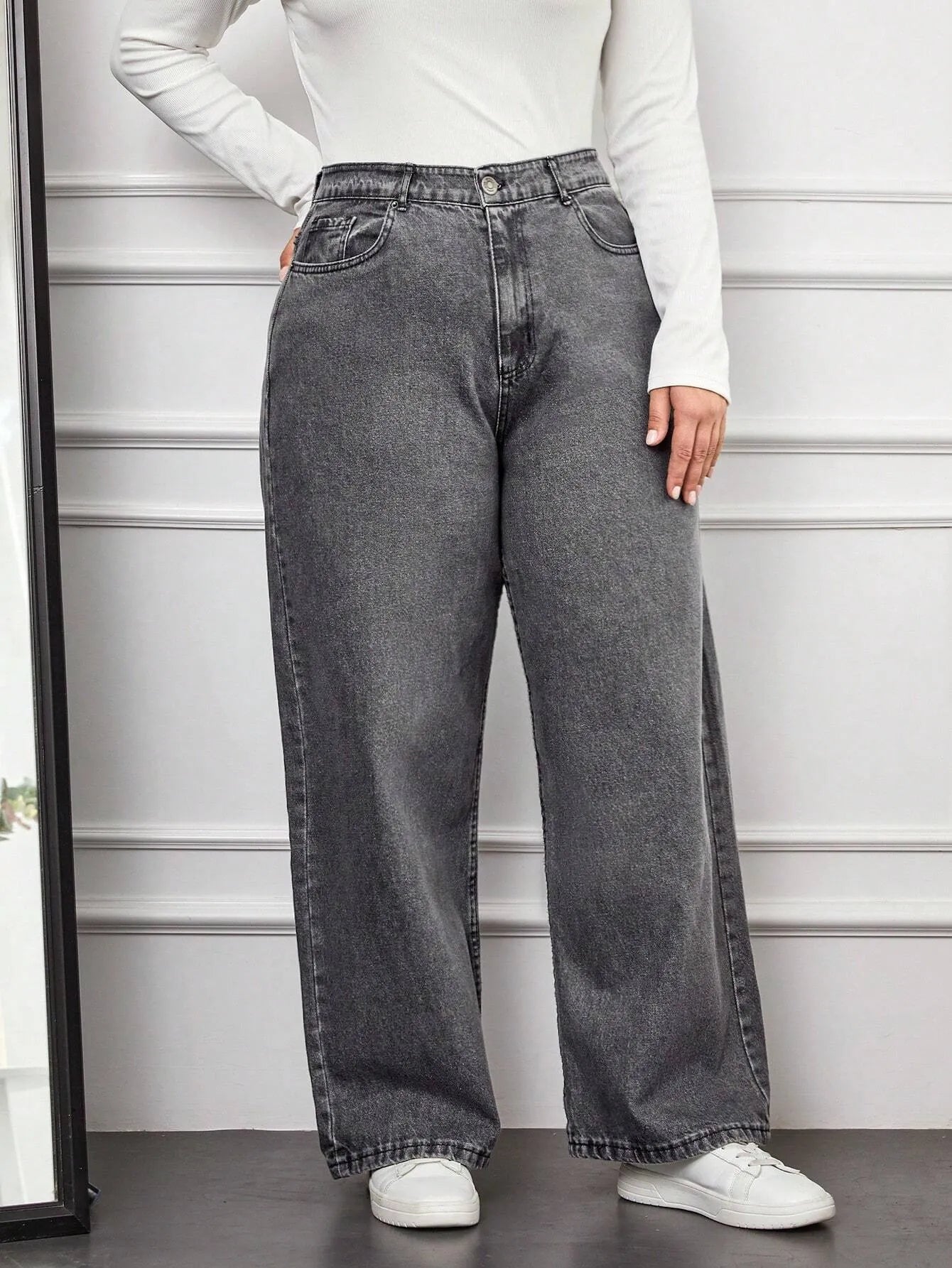 High-Waist Washed Grey Wide-Leg Denim Jeans