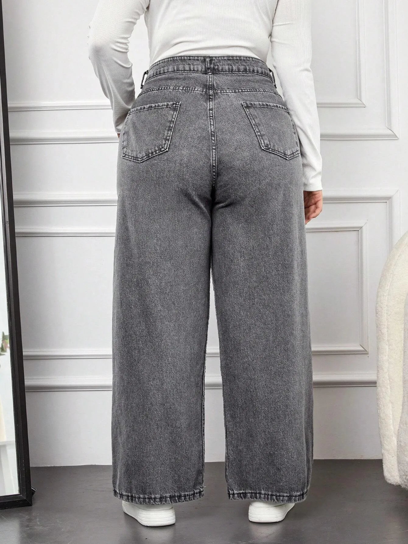 High-Waist Washed Grey Wide-Leg Denim Jeans