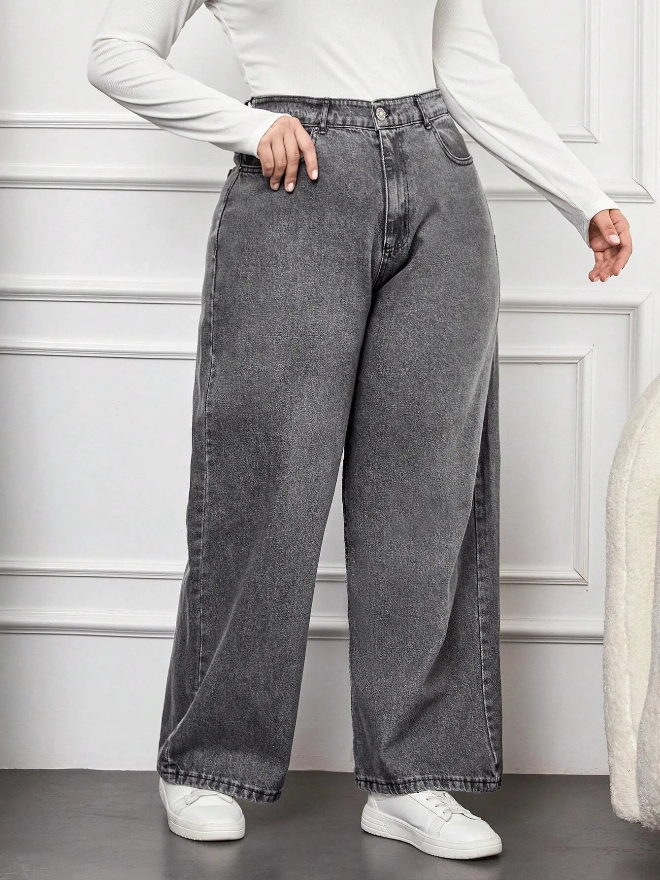 High-Waist Washed Grey Wide-Leg Denim Jeans