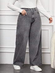 High-Waist Washed Grey Wide-Leg Denim Jeans