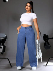 Women's Plus Size Wide-Leg Baggy Jeans - Blue Denim