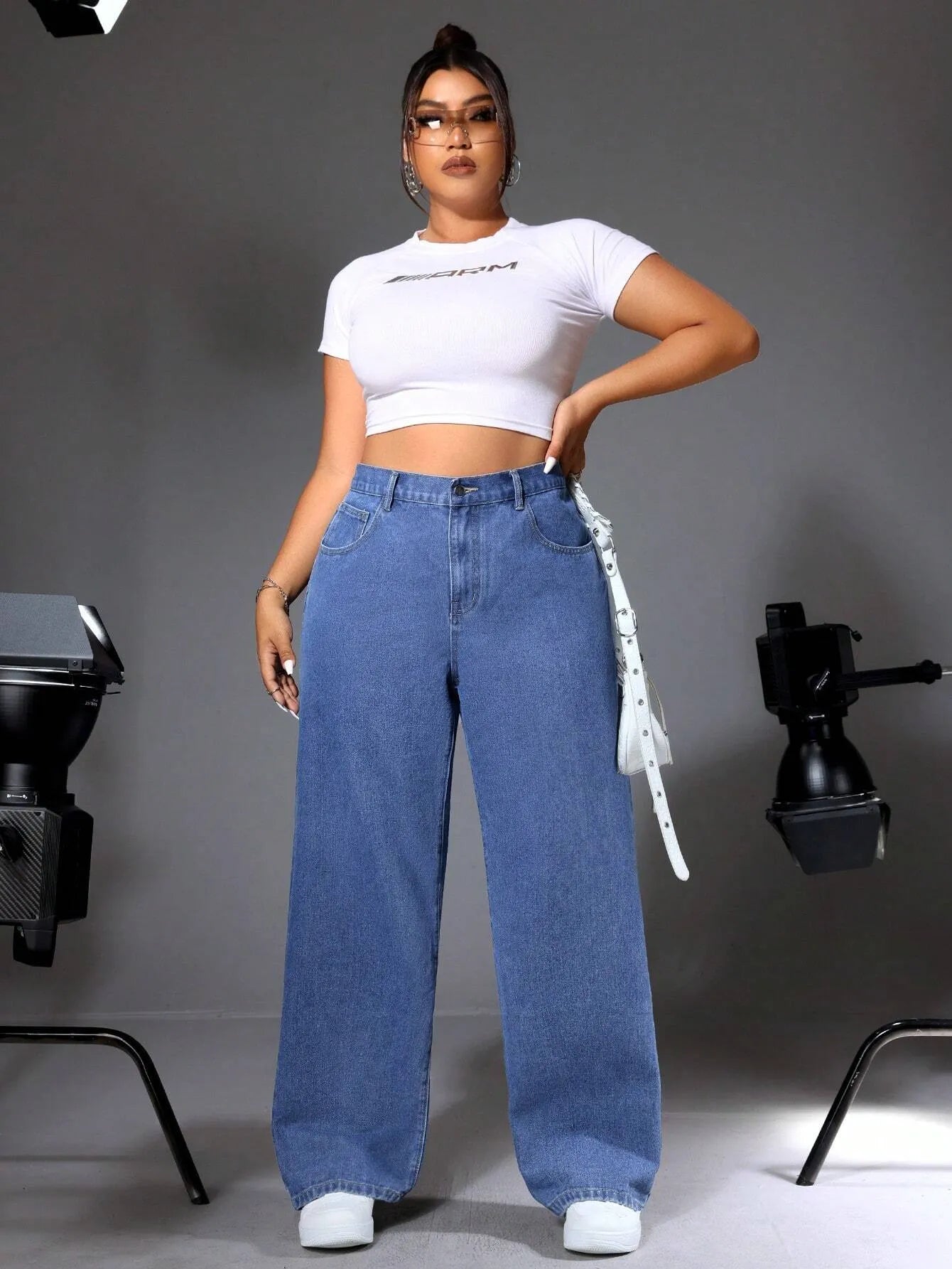 Women's Plus Size Wide-Leg Baggy Jeans - Blue Denim