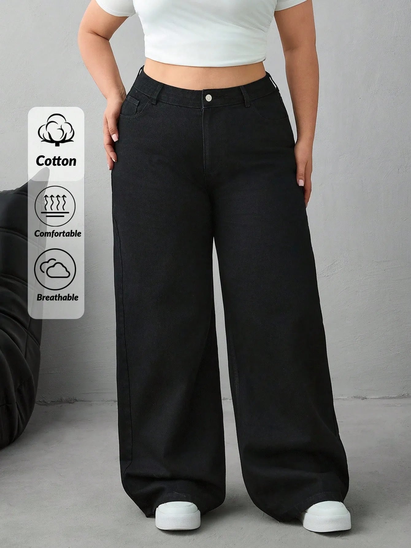 Women's Plus Size Wide-Leg Baggy Jeans - Black Denim