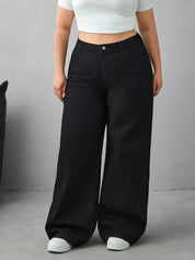 Women's Plus Size Wide-Leg Baggy Jeans - Black Denim