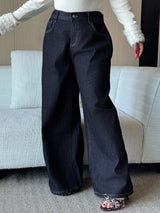 Women's Plus Size Wide-Leg Baggy Jeans - Dark Blue Denim